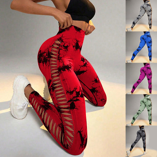 Elevate Your Workout with Our Stylish Hollow Tie Dye High Waist Yoga Pants - Seamless, Butt-Lifting Leggings for Women